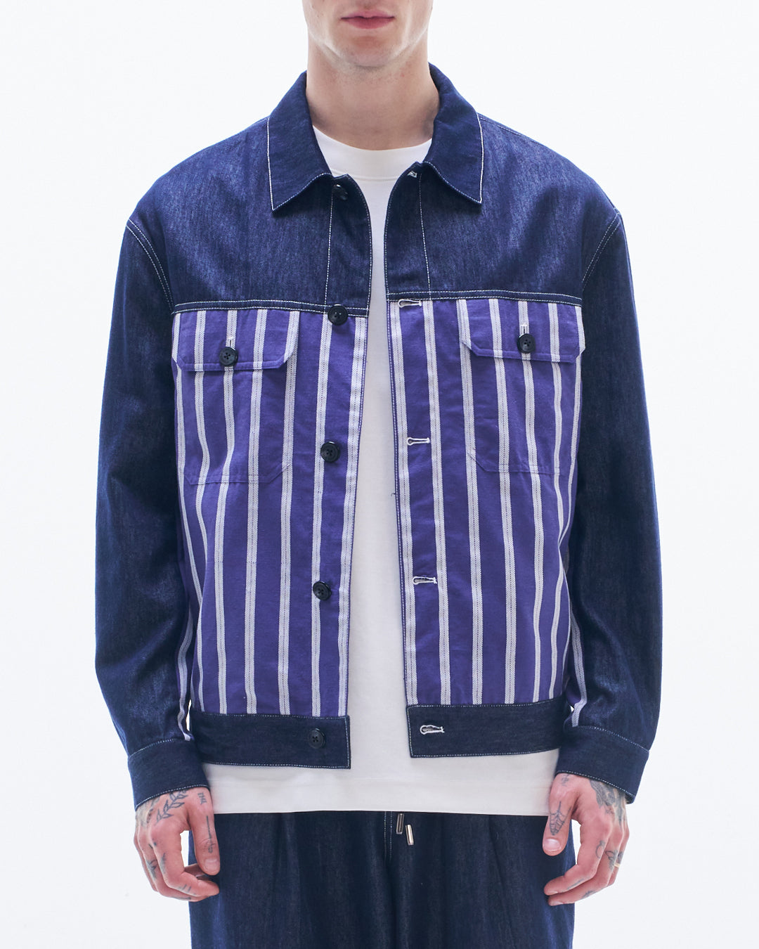HARRISON WONG / Denim Jacket Contrast With Striped Linen
