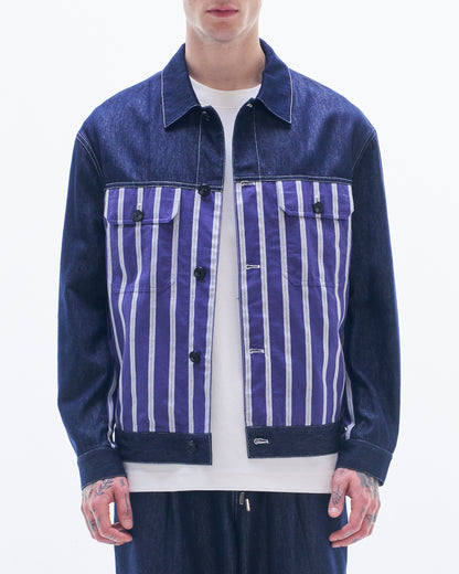 HARRISON WONG / Denim Jacket Contrast With Striped Linen