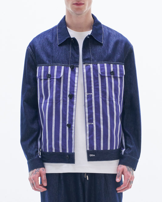 HARRISON WONG / Denim Jacket Contrast With Striped Linen
