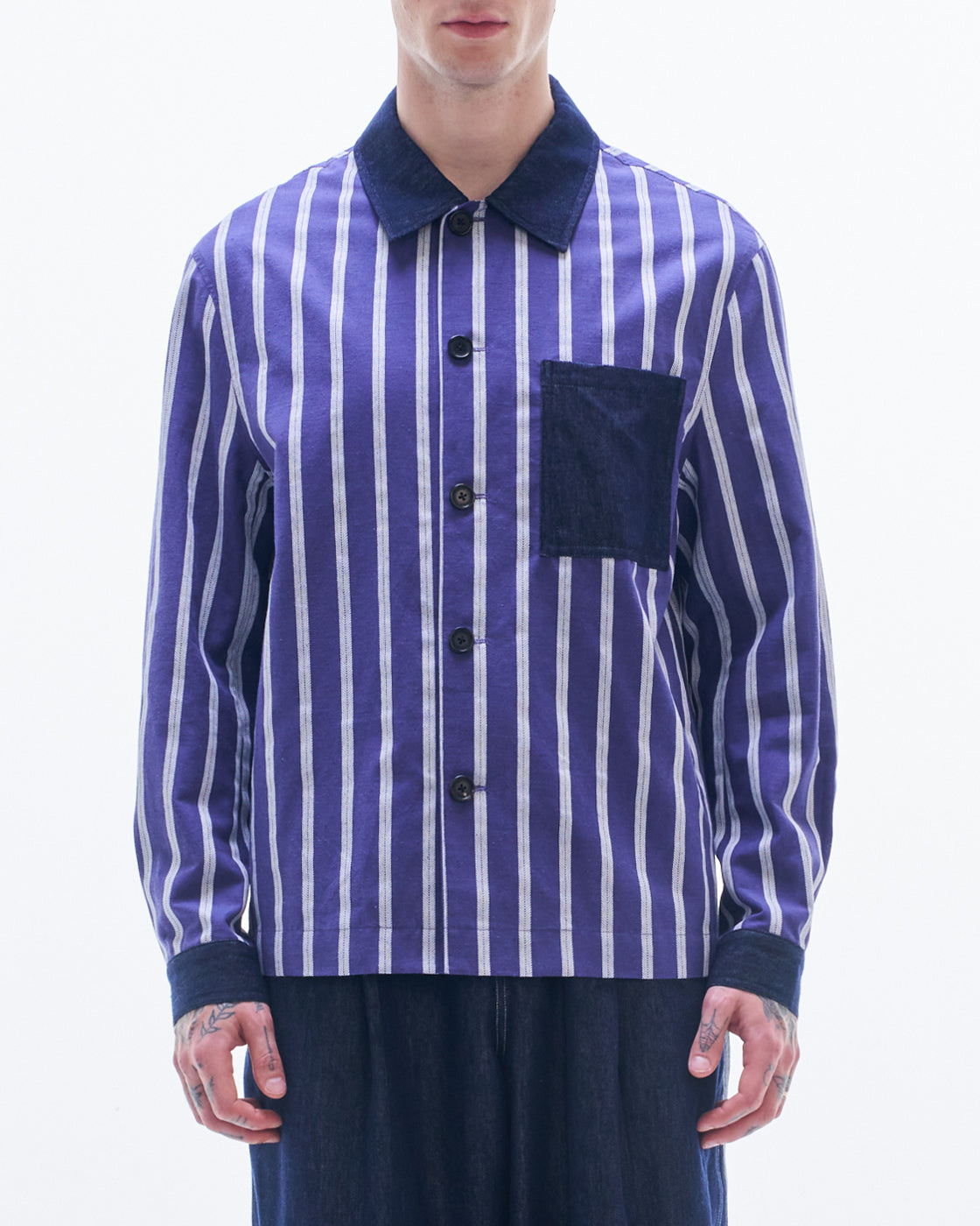 HARRISON WONG / Striped Linen Shirt With Denim Pocket