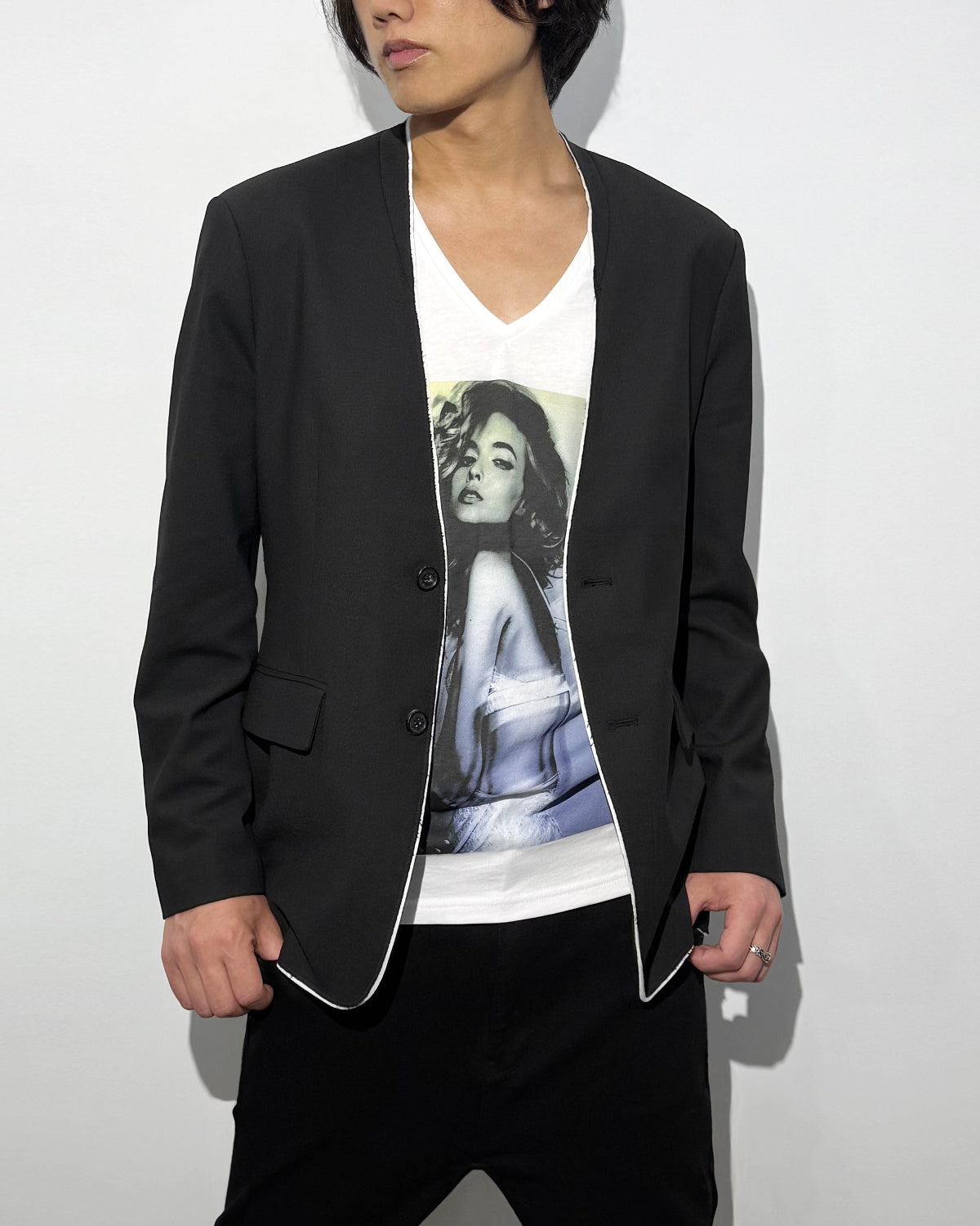 HARRISON WONG / No-Collar Wool Blazer With Raw Edge