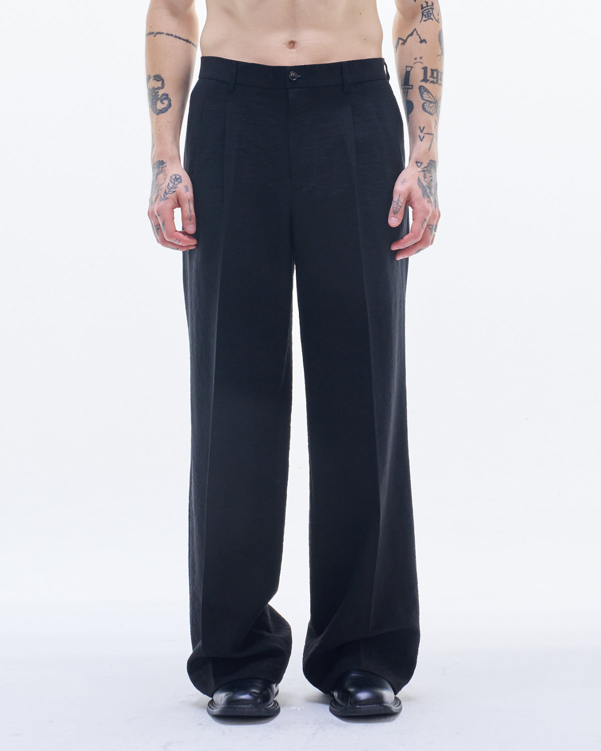 HARRISON WONG / Viscose Linen Bell Bottom Pants - Black