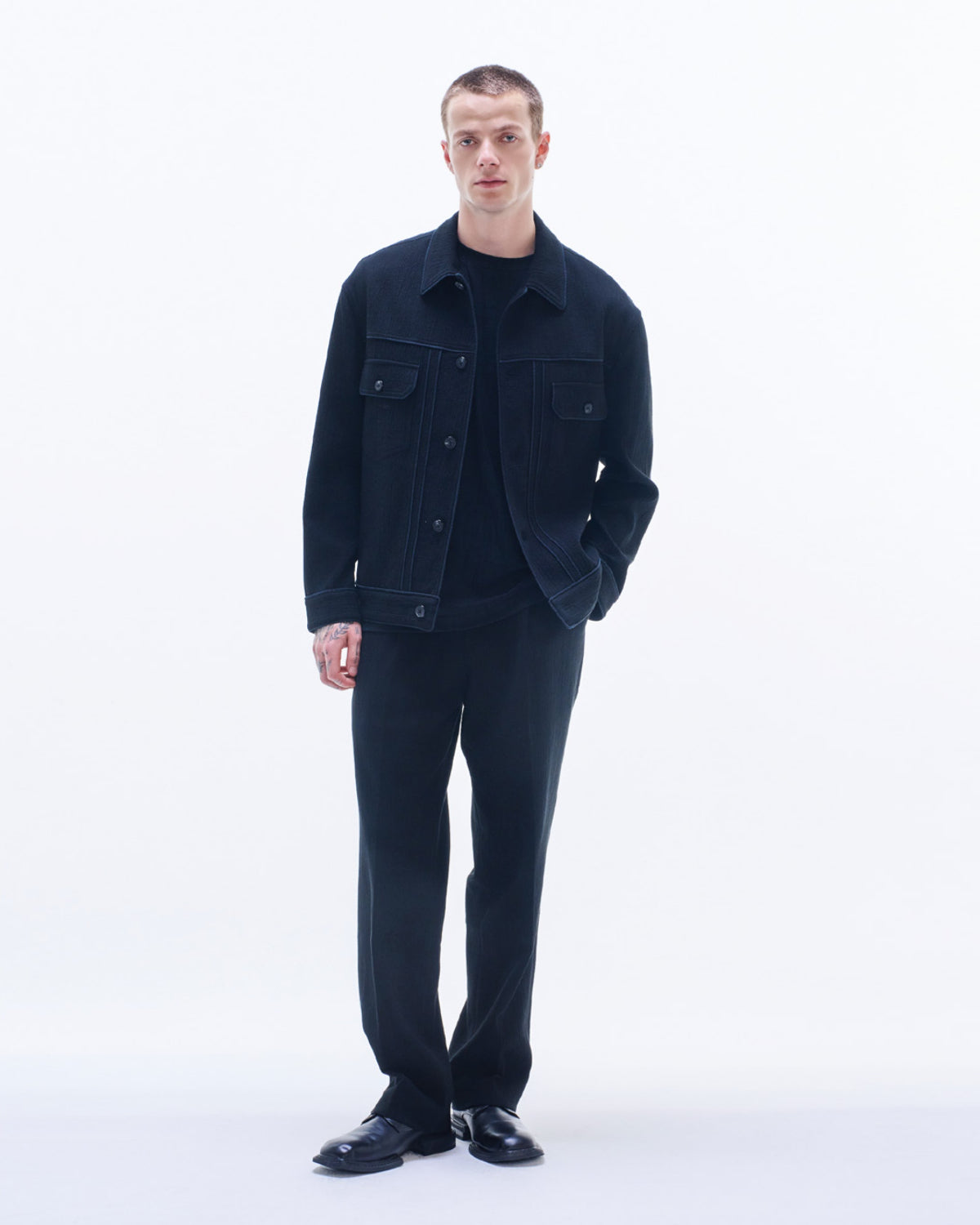 HARRISON WONG / Crepe Cotton Jacket With Piping - Black