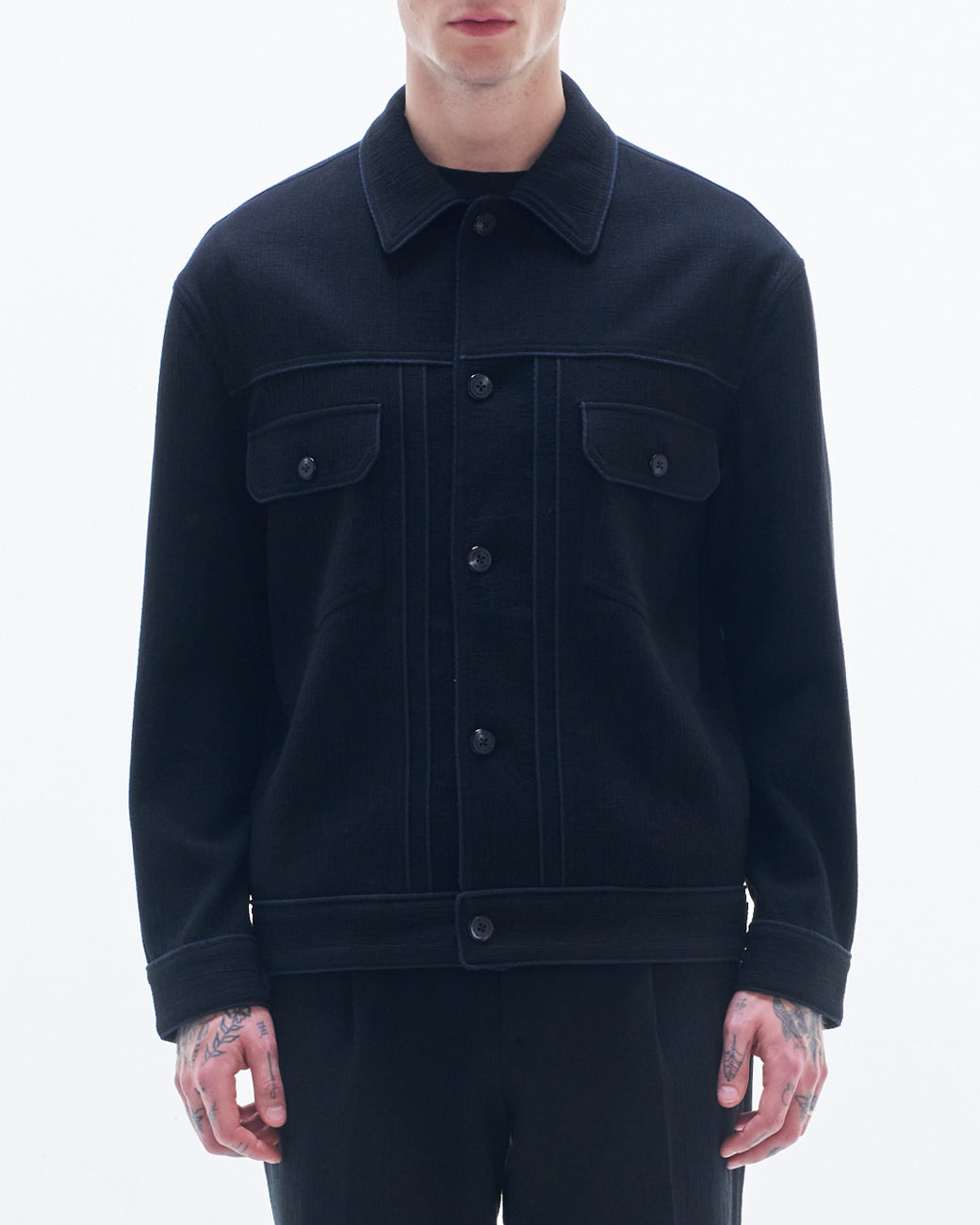 HARRISON WONG / Crepe Cotton Jacket With Piping - Black