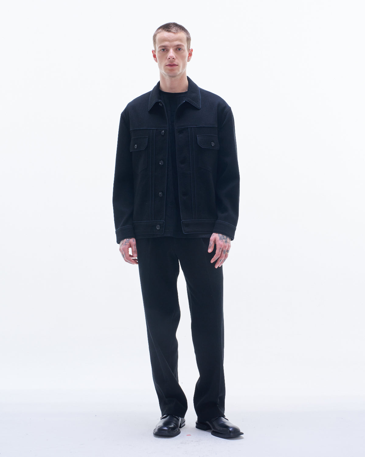 HARRISON WONG / Crepe Cotton Jacket With Piping - Black