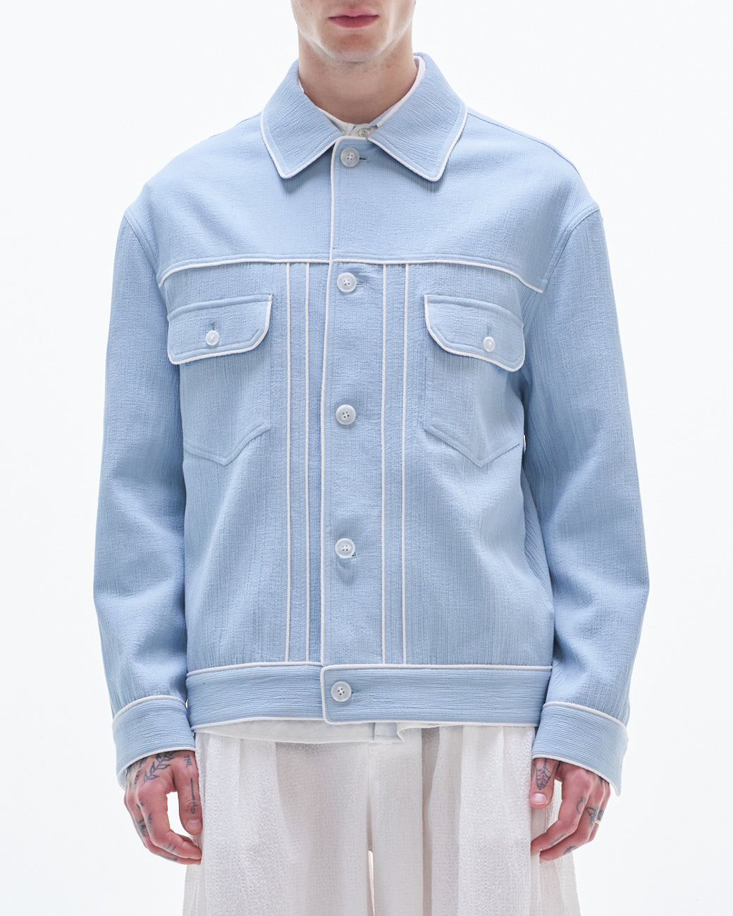 HARRISON WONG / Crepe Cotton Jacket With Piping - Blue