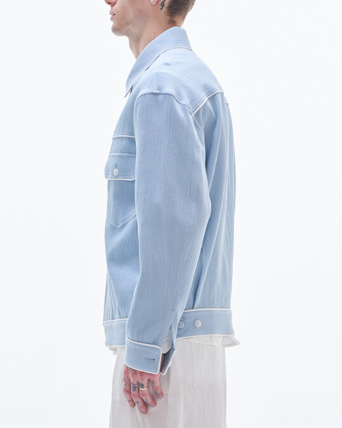HARRISON WONG / Crepe Cotton Jacket With Piping - Blue