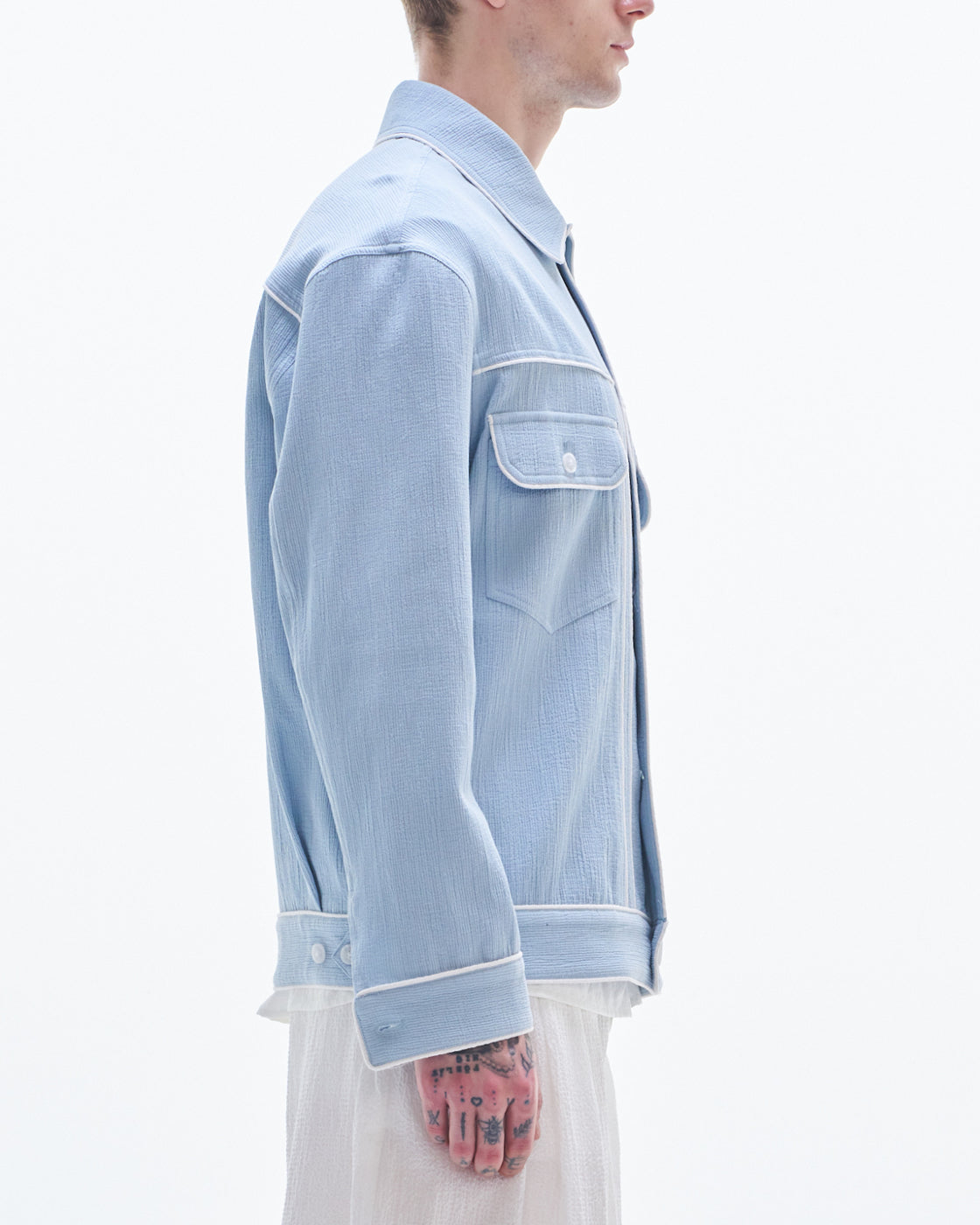 HARRISON WONG / Crepe Cotton Jacket With Piping - Blue