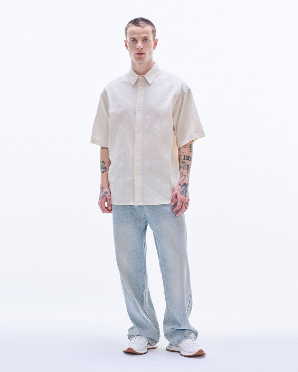 HARRISON WONG / Stripe Textured Short Sleeve Shirt - Lt. Beige