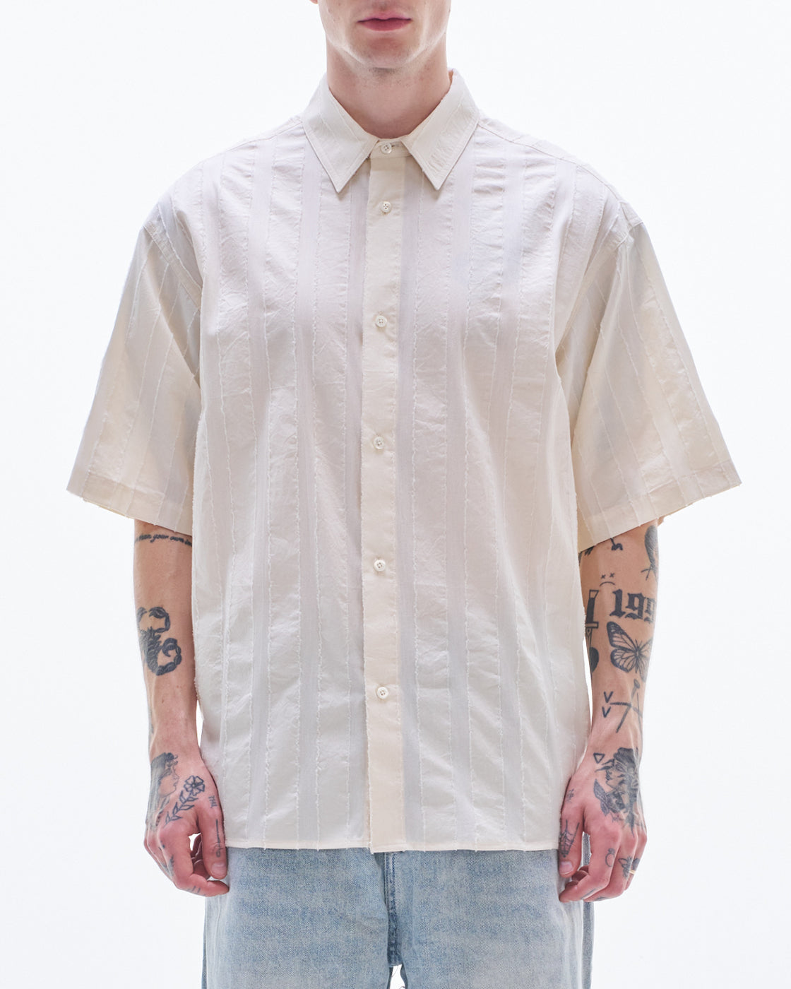 HARRISON WONG / Stripe Textured Short Sleeve Shirt - Lt. Beige