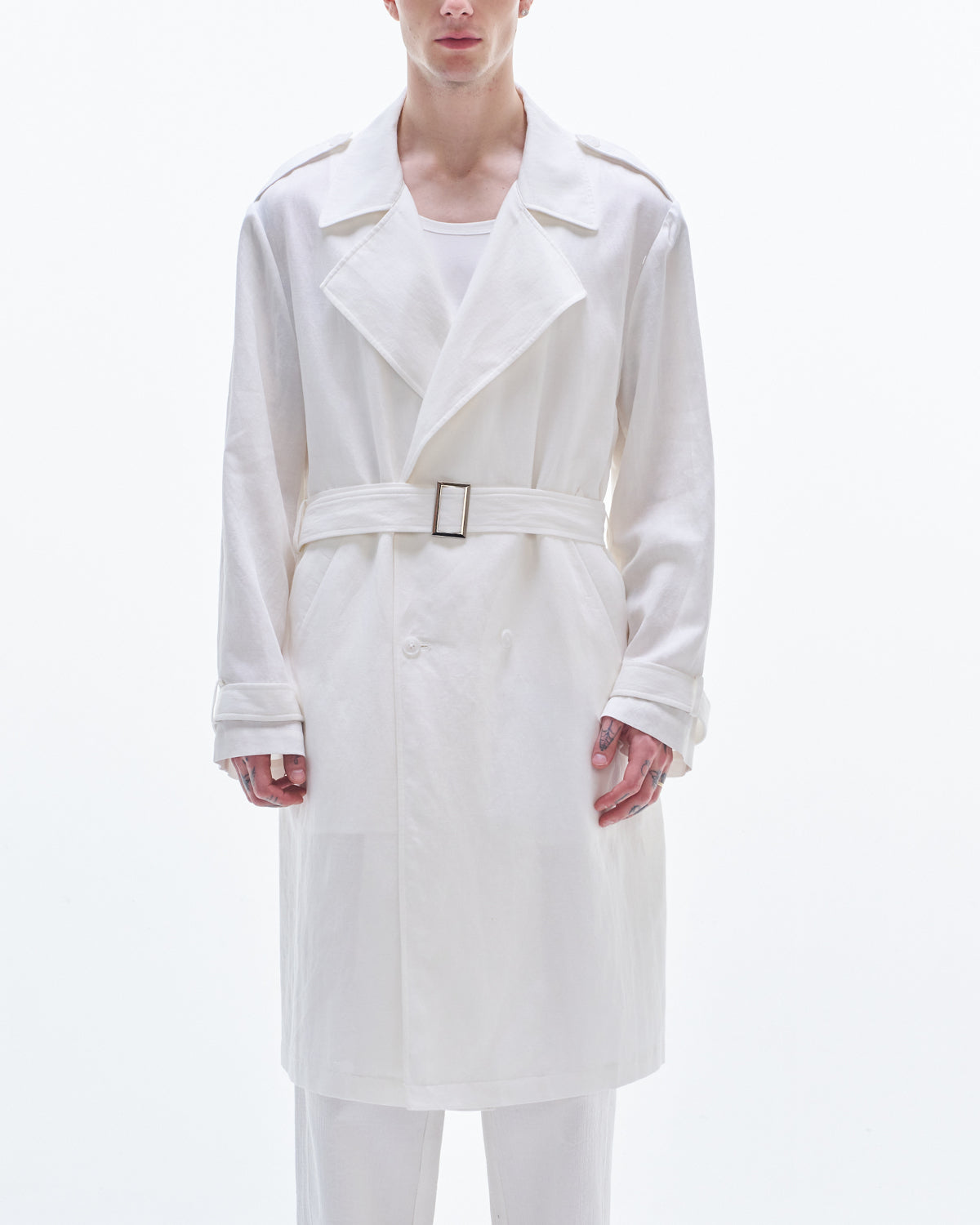 HARRISON WONG | Viscose Linen Trench Coat - White – HARAJUKU VILLAGE HARRISON WONG | Viscose Linen Trench Coat - White – HARAJUKU VILLAGE