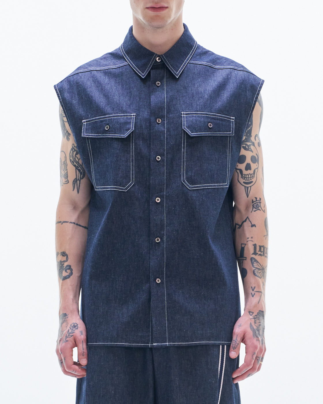 HARRISON WONG / Linen Denim Sleeveless Shirt
