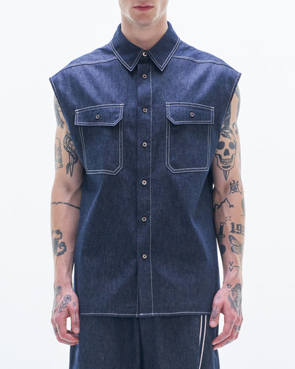 HARRISON WONG / Linen Denim Sleeveless Shirt