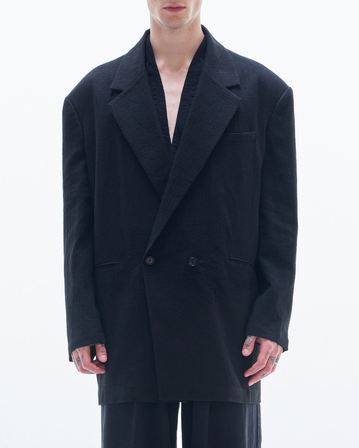 HARRISON WONG / Linen Cotton Texture Oversized BD Blazer - Black