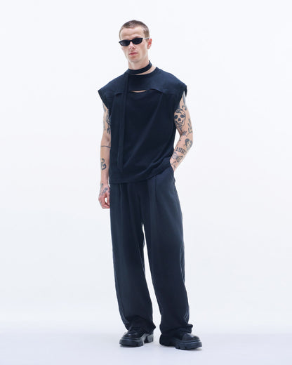 HARRISON WONG / Sleeveless Tee With Slit & Scarf - Black