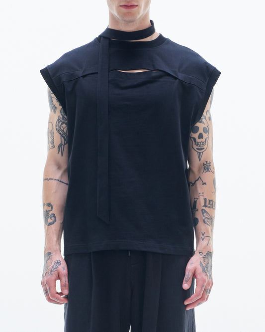 HARRISON WONG / Sleeveless Tee With Slit & Scarf - Black