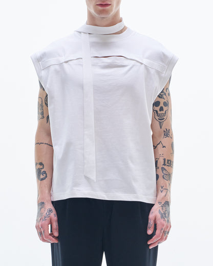 HARRISON WONG / Sleeveless Tee With Slit & Scarf - White