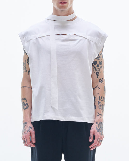 HARRISON WONG / Sleeveless Tee With Slit & Scarf - White