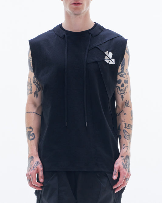 HARRISON WONG / Sleeveless Tee With Raw Edge Cut & Mirrors - Black