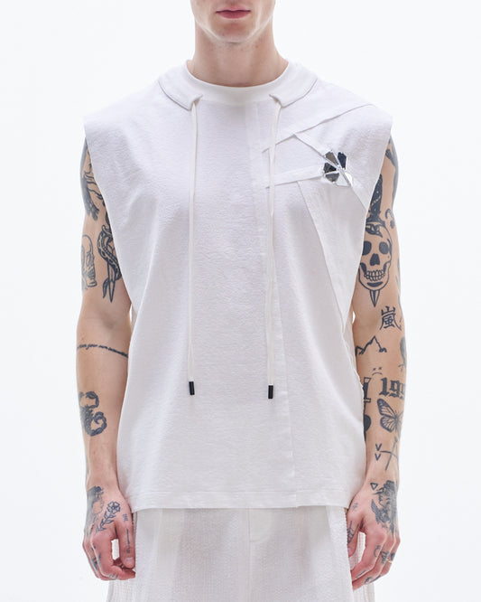 HARRISON WONG / Sleeveless Tee With Raw Edge Cut & Mirrors - White