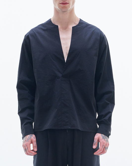 HARRISON WONG / V Neck Cotton Shirt - Black