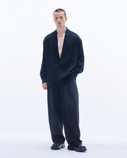 HARRISON WONG / Deep V Neck Texture Cotton Shirt - Black