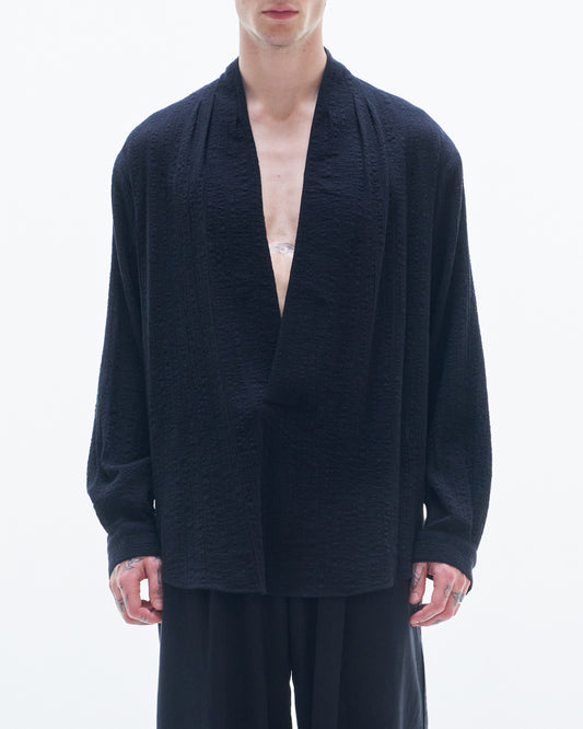 HARRISON WONG / Deep V Neck Texture Cotton Shirt - Black