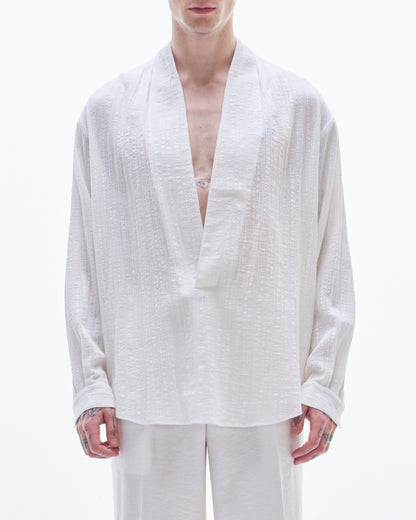 HARRISON WONG / Deep V Neck Texture Cotton Shirt - White