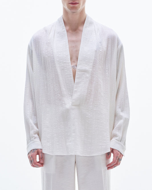 HARRISON WONG / Deep V Neck Texture Cotton Shirt - White