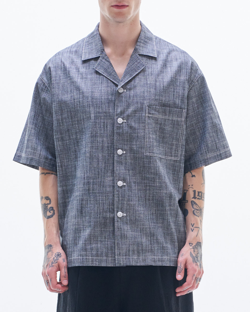 HARRISON WONG / Yarn Dyed Fabric Short Sleeve Shirt - Black