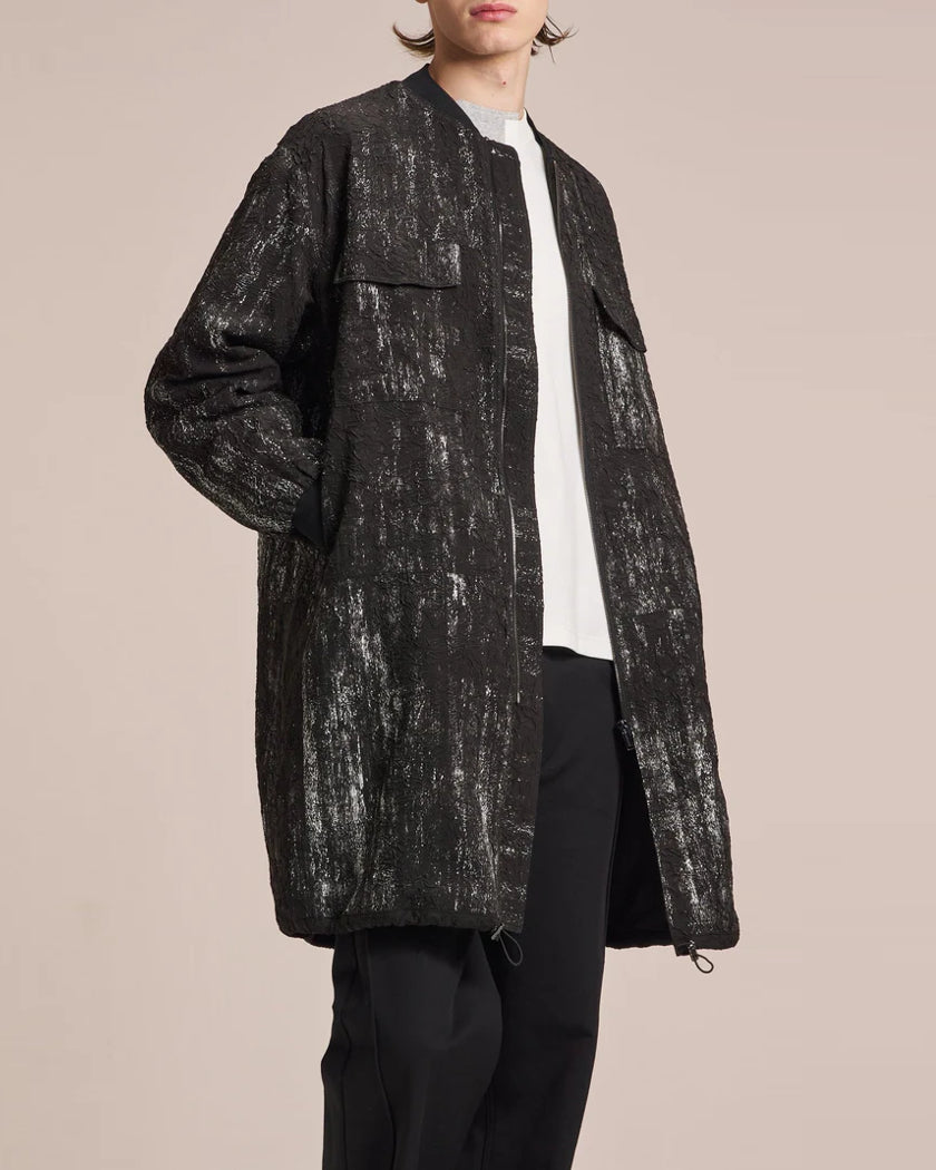 HARRISON WONG / Crepe Zipper Long Jacket With Silver Brush Print