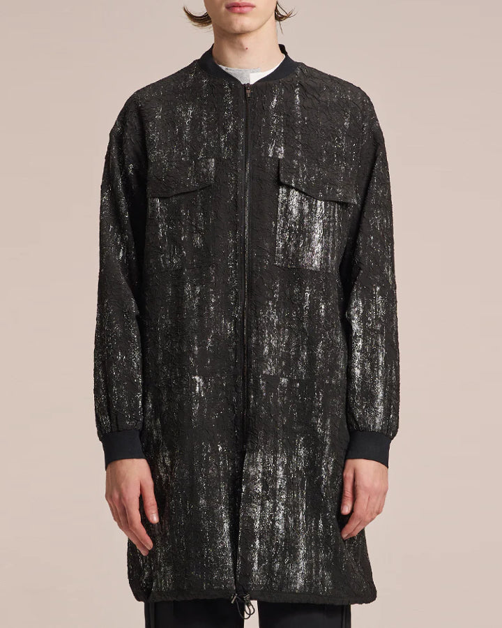 HARRISON WONG / Crepe Zipper Long Jacket With Silver Brush Print