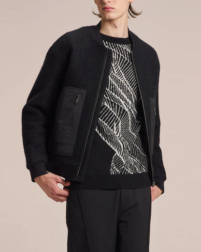 HARRISON WONG / Wool Bomber Jacket With Fabric Contrast Pocket - Black