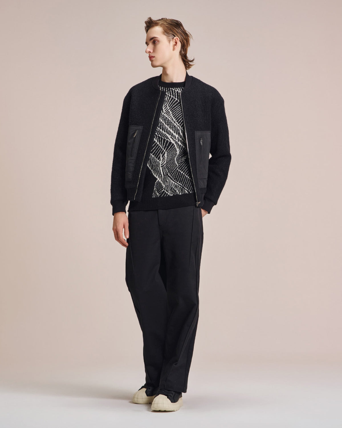 HARRISON WONG / Wool Bomber Jacket With Fabric Contrast Pocket - Black