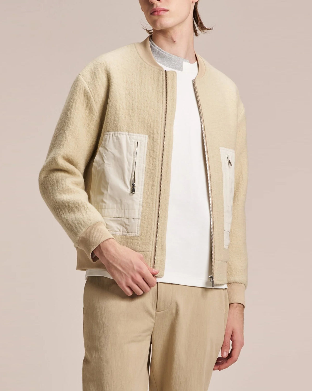 HARRISON WONG / Wool Bomber Jacket With Fabric Contrast Pocket - Beige