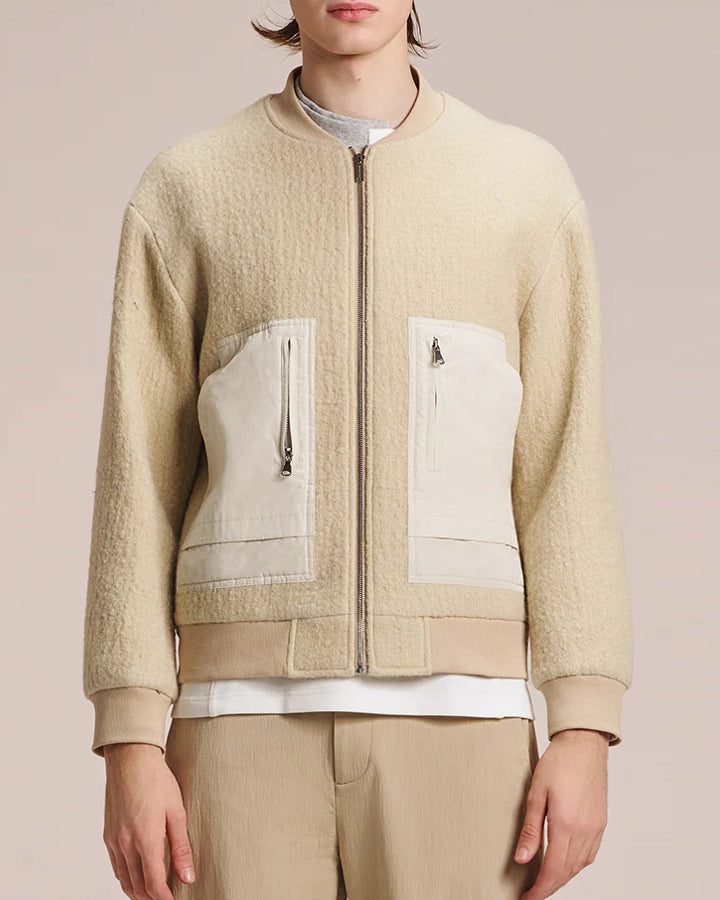 HARRISON WONG / Wool Bomber Jacket With Fabric Contrast Pocket - Beige