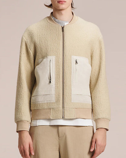 HARRISON WONG / Wool Bomber Jacket With Fabric Contrast Pocket - Beige
