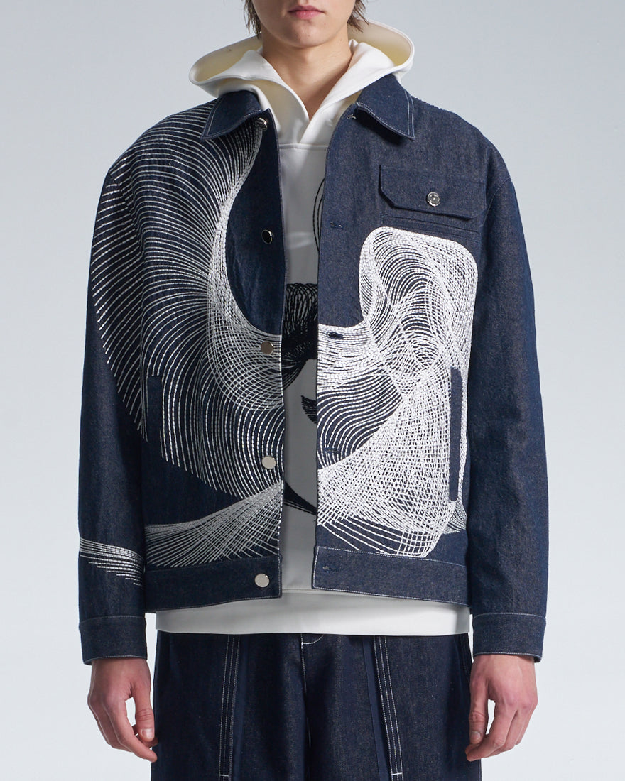 HARRISON WONG / Denim Jacket With Twisted Wavy Lines Embroidery