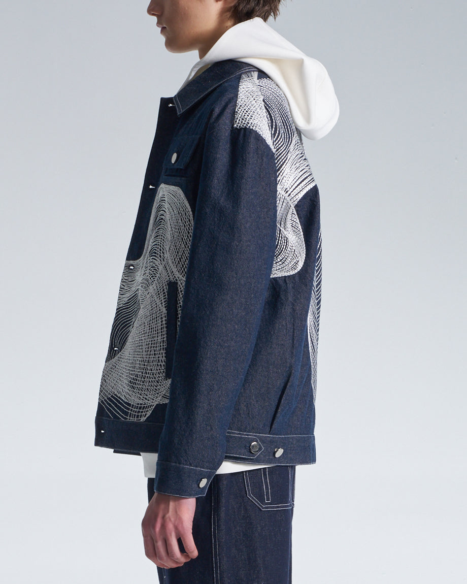 HARRISON WONG / Denim Jacket With Twisted Wavy Lines Embroidery