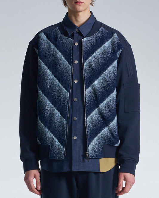 HARRISON WONG / Bias Stripe Denim Zipper Jacket With Knit Sleeve