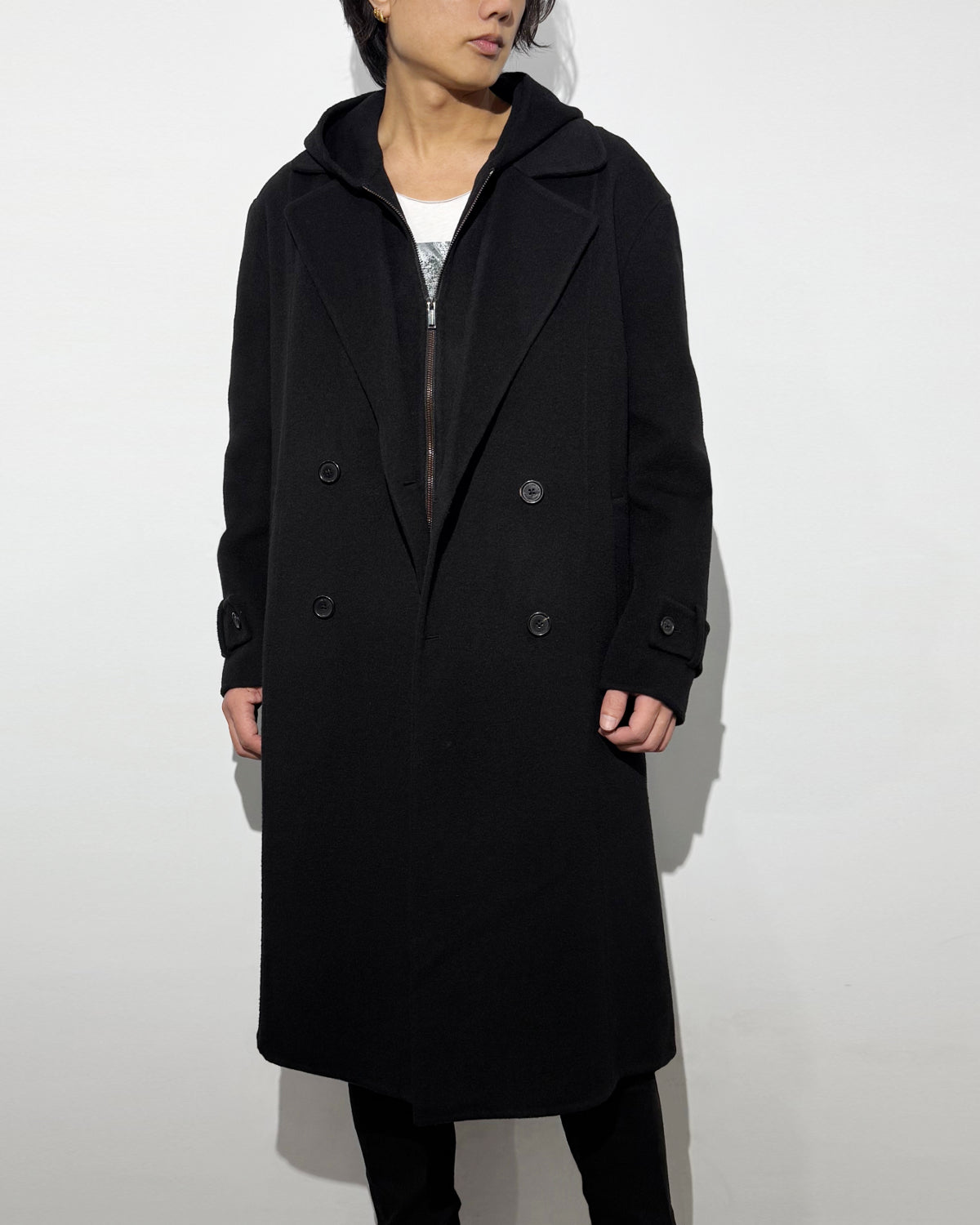 HARRISON WONG / Double Faced Wool 2in1 Trench Coat With Hood - Black