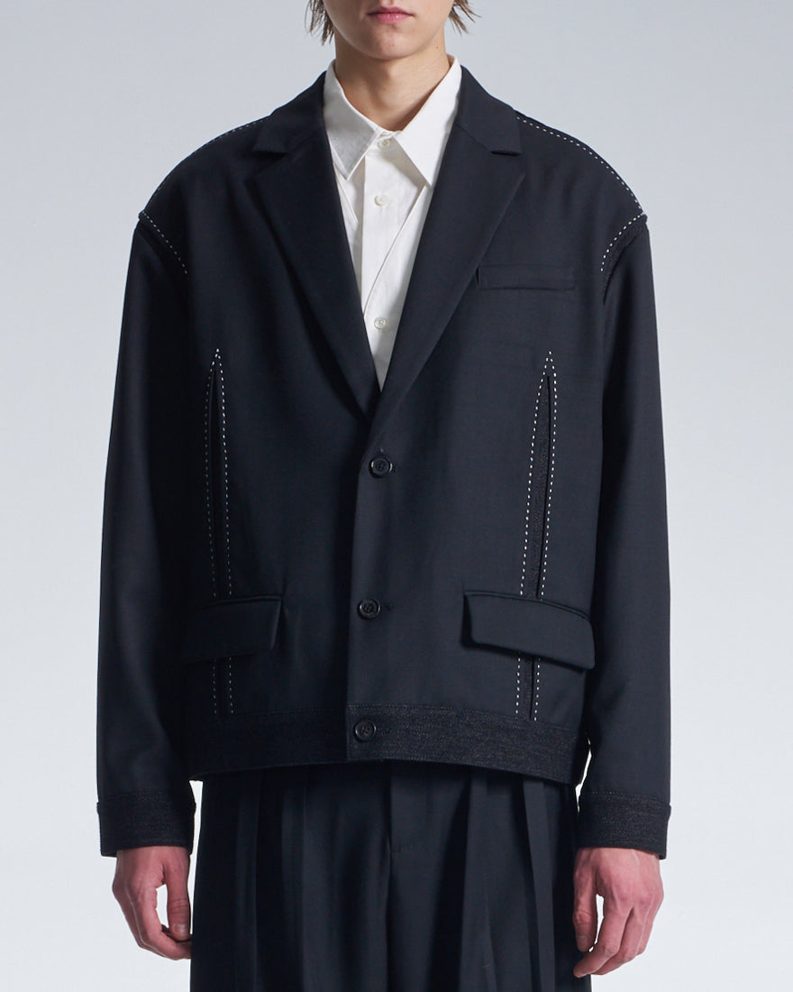 HARRISON WONG / Boxy Wool Blazer With Denim Trim - Black