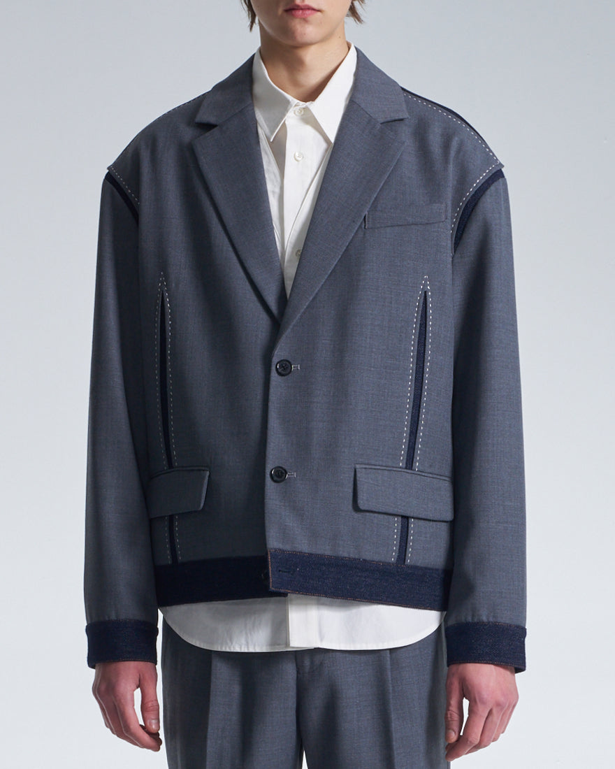 HARRISON WONG / Boxy Wool Blazer With Denim Trim - Grey