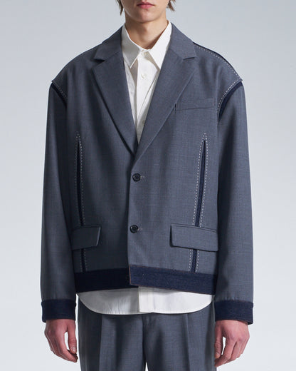 HARRISON WONG / Boxy Wool Blazer With Denim Trim - Grey