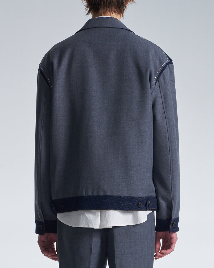 HARRISON WONG / Boxy Wool Blazer With Denim Trim - Grey