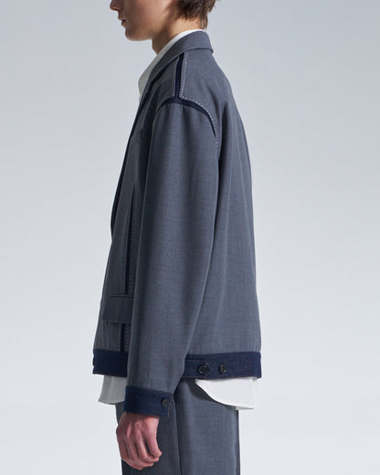 HARRISON WONG / Boxy Wool Blazer With Denim Trim - Grey