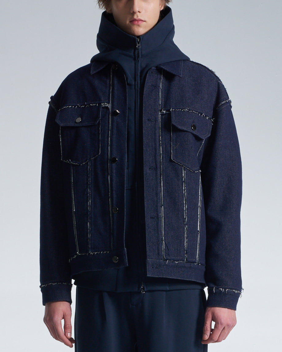 HARRISON WONG / Raw Edge Denim Jacket With Sandwich Knit Base