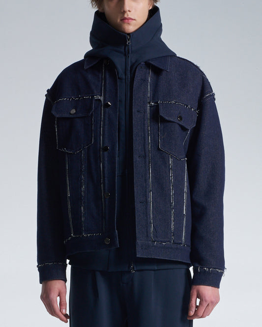 HARRISON WONG / Raw Edge Denim Jacket With Sandwich Knit Base