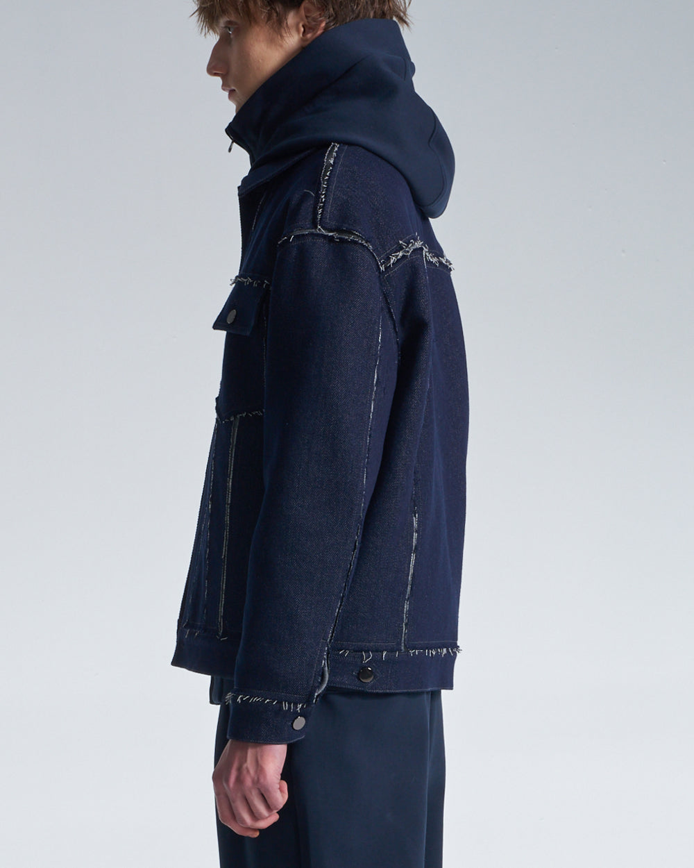 HARRISON WONG / Raw Edge Denim Jacket With Sandwich Knit Base