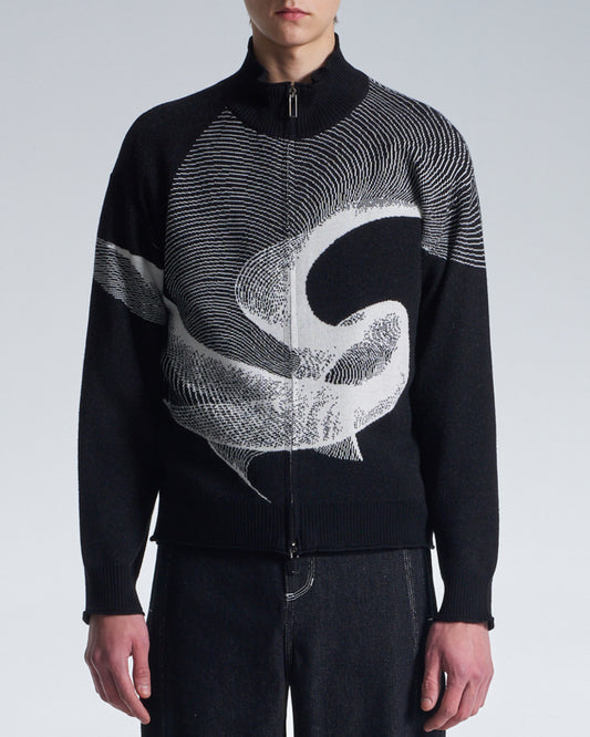 HARRISON WONG / Wool Zipper Cardigan With Twisted Wavy Lines Pattern